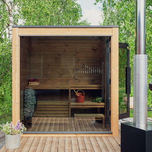 ThermaSol Nordic Dawn Sauna Cabin | Outdoor Sauna, Right Door, 9.0kw Spirit Heater w/WiFi, CX45 Digital Control