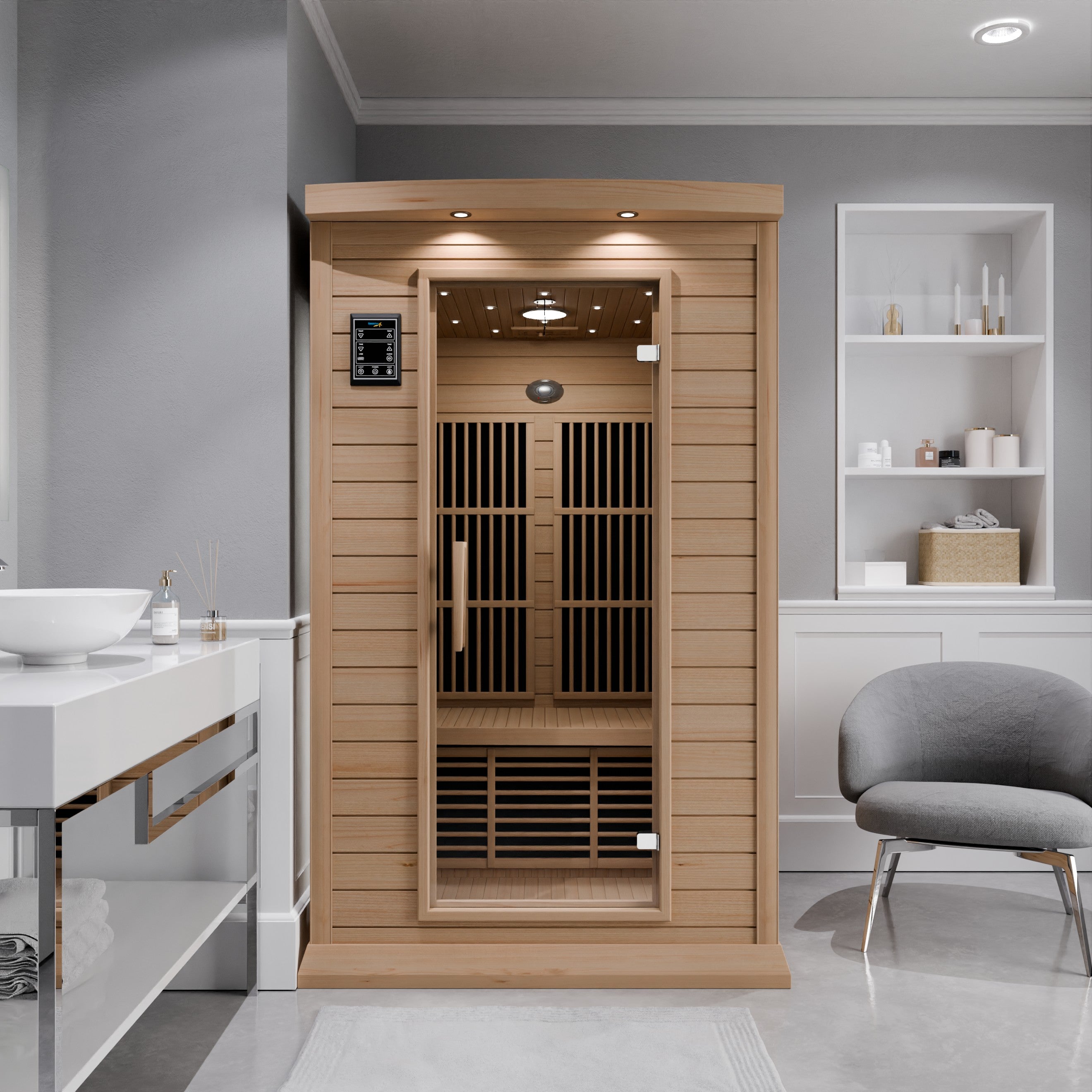 Seychelles 2-Person Carbon FAR Infrared Infrared Hemlock Wooden Indoor Home Sauna Room with LED Touch Control Panel