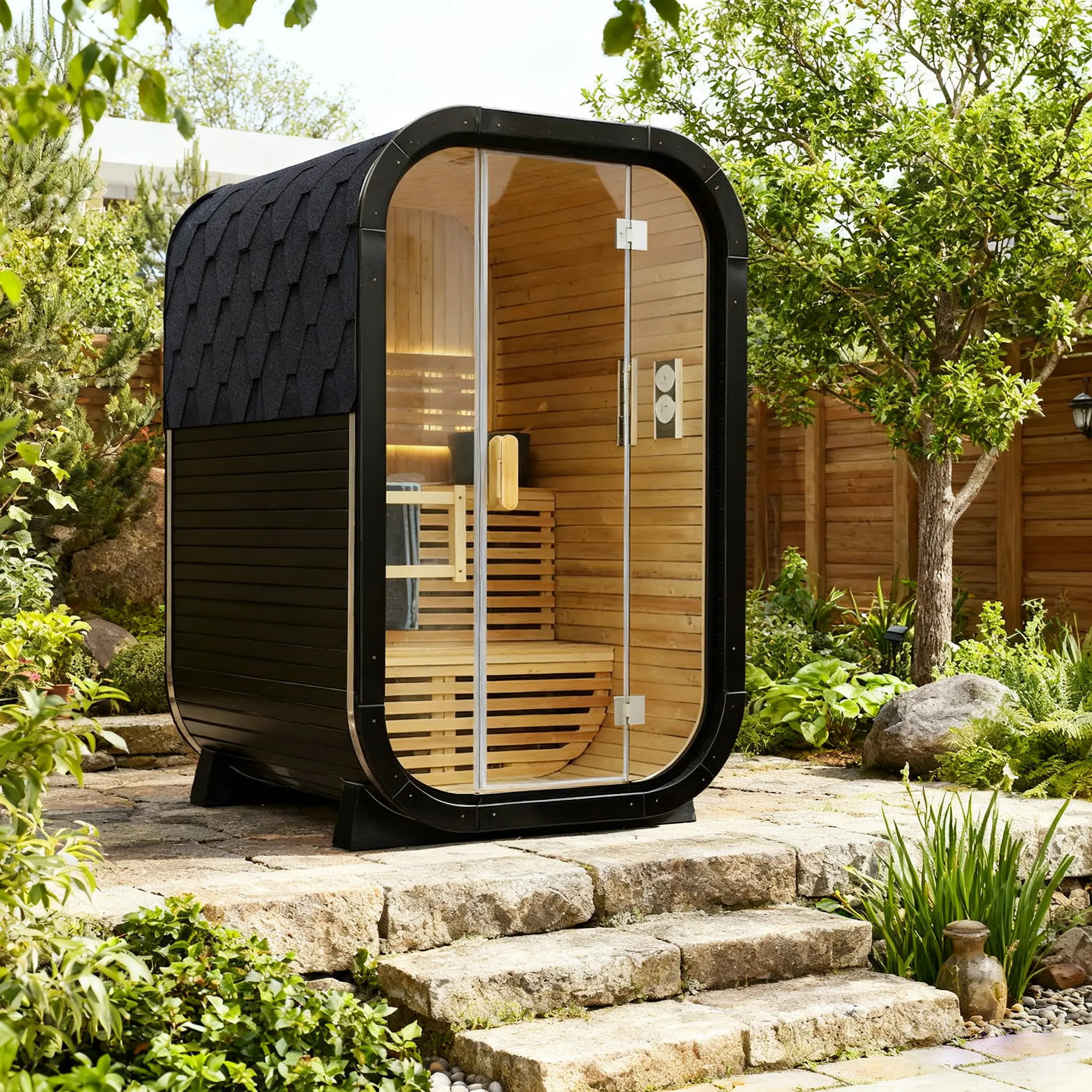 Carbonized Spruce Traditional Steam Outdoor Square Sauna for 1–2 Persons, Compact Home Spa Sauna Kit with Tempered Glass Door