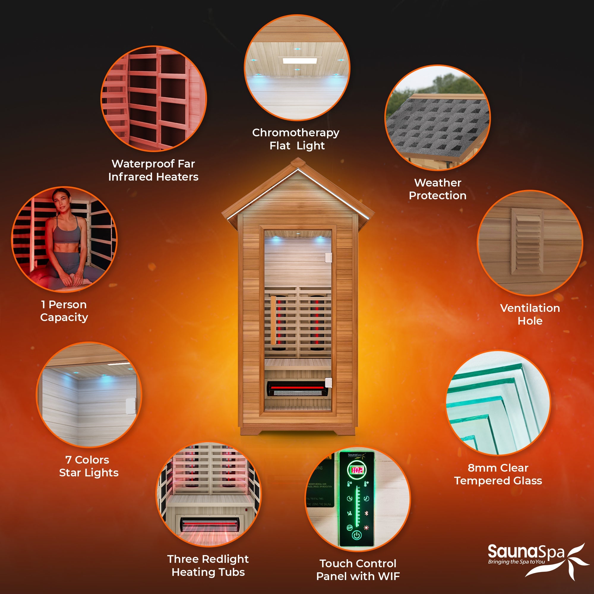 2-Person Outdoor Cabin Sauna in Red Cedar and Hemlock with Far Infrared, Starry Night Lights, and Touch Pad Controller