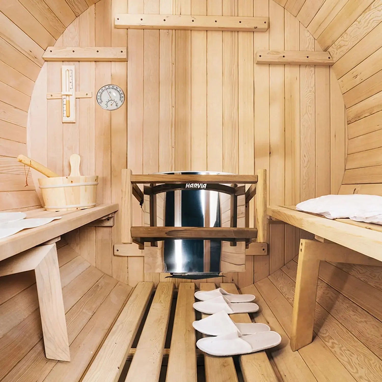 4 Person Outdoor Barrel Sauna – Red Cedar or Hemlock Traditional Steam Sauna Kit with Waterproof Tile
