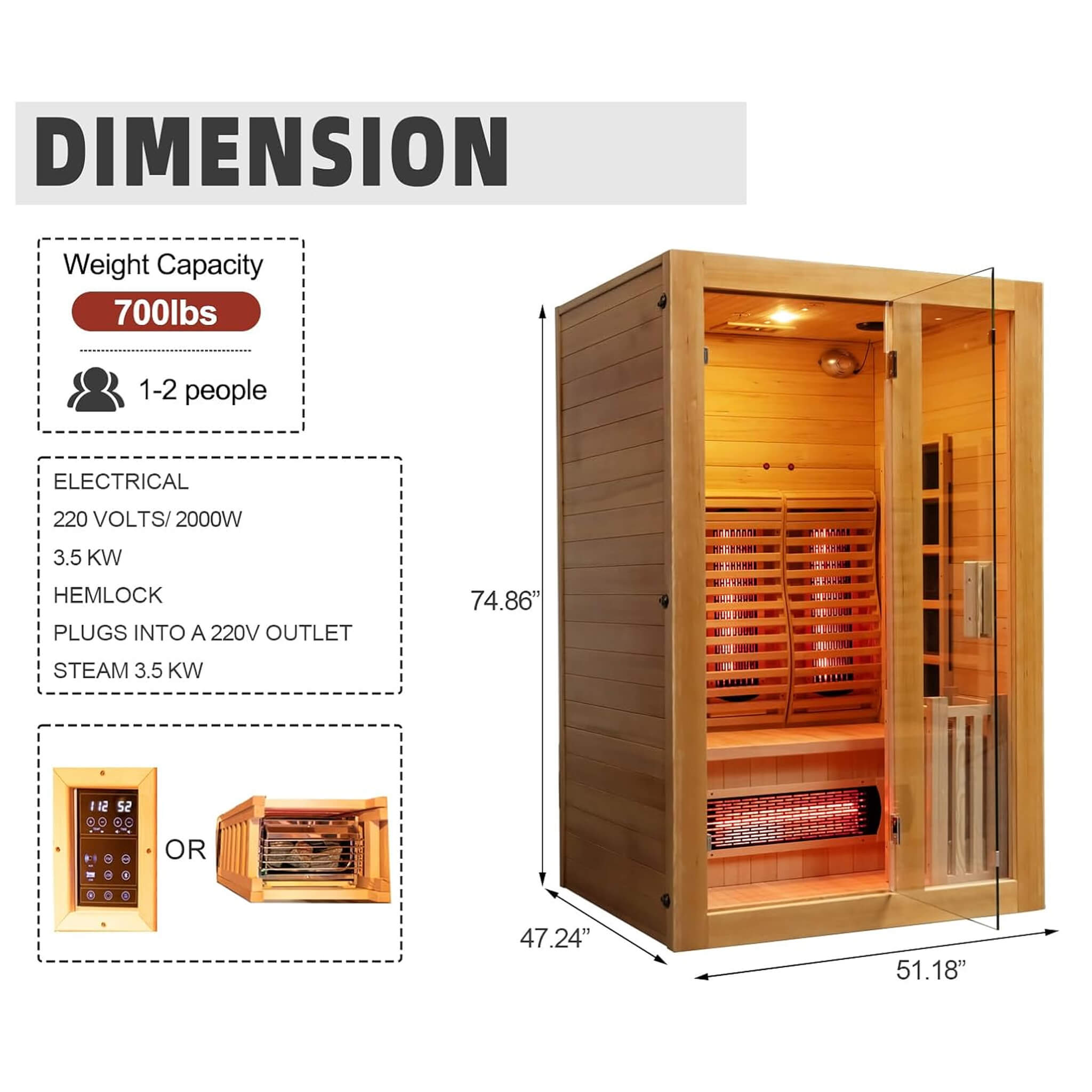 Rövia Luma 2-Person Indoor Hybrid Sauna Room With Infrared And Steam Heaters (SAK83750)