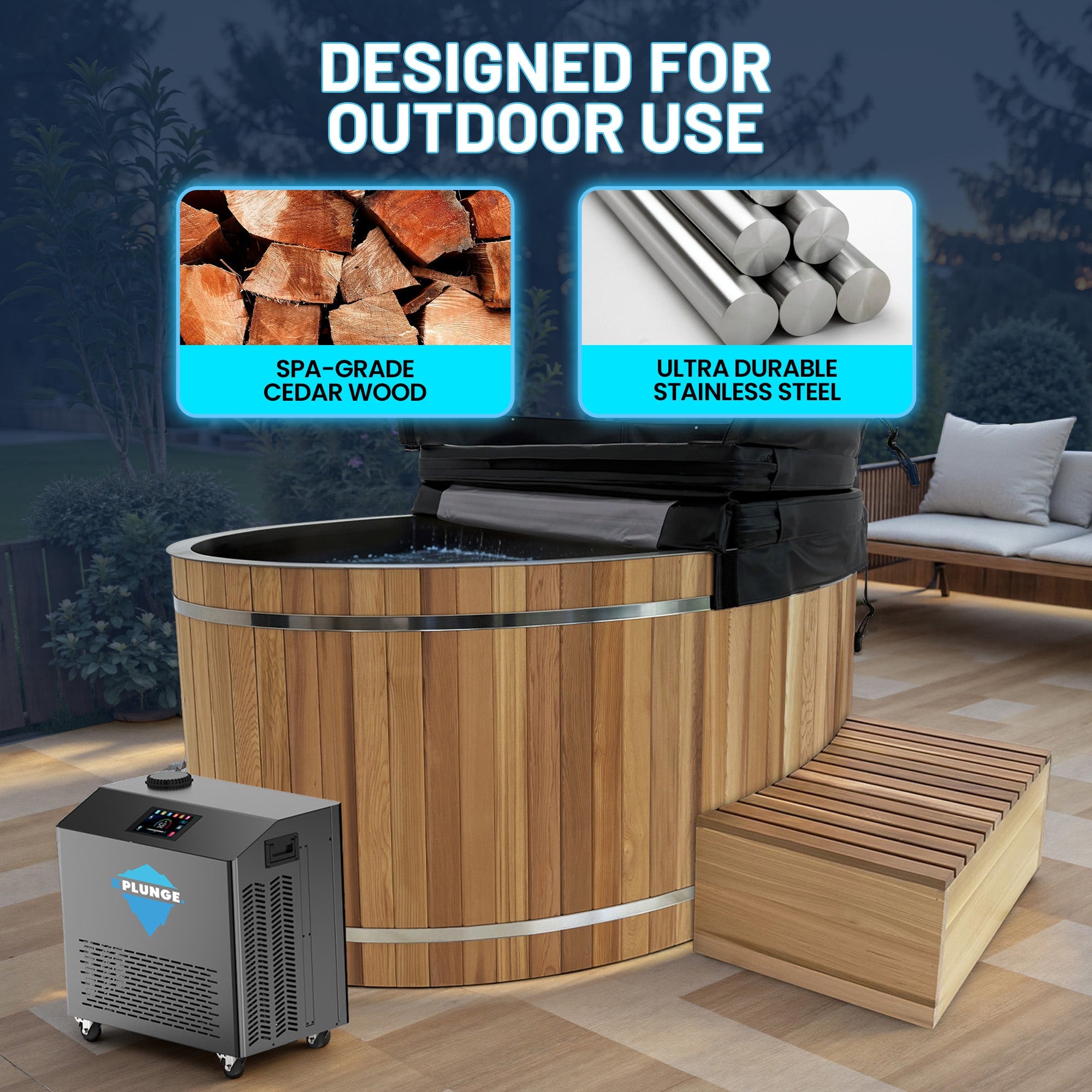 62 in. 2-Person 0-Jet Cedar Cold Plunge Ice Bath/Hot Tub with 24 in. Depth and 169 Gal. Capacity in Natural Finish